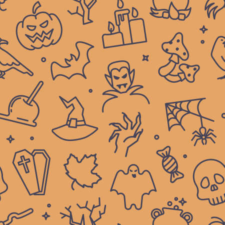 Seamless background with traditional Halloween symbols Vector patternのイラスト素材