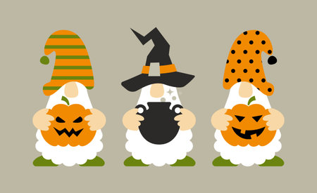 Halloween gnomes with pumpkin, jack o lantern ,pot. Cute cartoon characters. Holidays greeting card.のイラスト素材