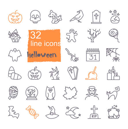 Linear icons with traditional Halloween symbols. Vector iconsのイラスト素材