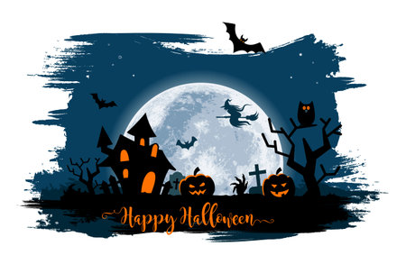 Halloween night background with a moon, haunted house, cemetery, pumpkins and a flying witchのイラスト素材