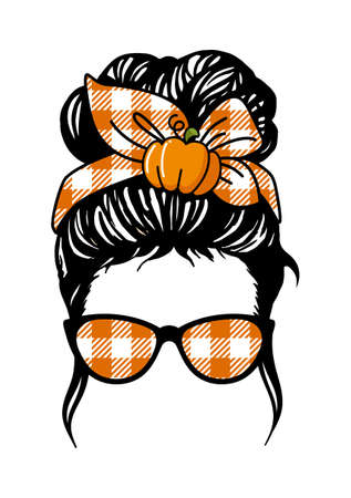 Autumn Messy bun with pumpkin , Girl with messy bun and glasses, Buffalo plaid bandanaのイラスト素材