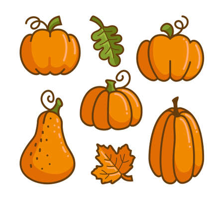 A set of flat icons of pumpkins and autumn leavesのイラスト素材