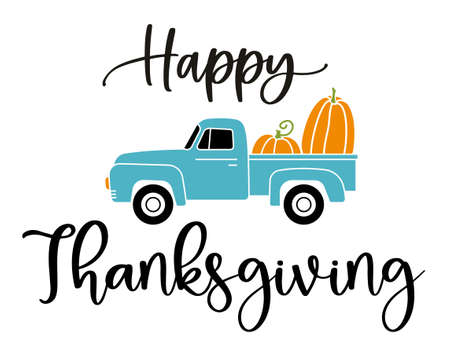 Fall truck with pumpkins. Vector template for Thanksgiving card, banner, poster, with the inscription Happy Thanksgivingのイラスト素材