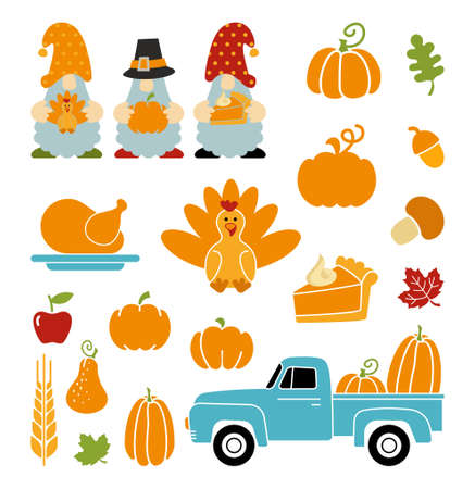 Traditional Thanksgiving symbols - pumpkins, turkey, gnomes, crops, farm truck, pieのイラスト素材