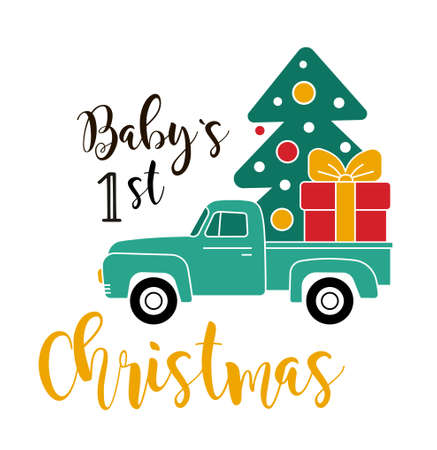 Pickup truck carrying Chrismas tree and presents, vector illustrationのイラスト素材