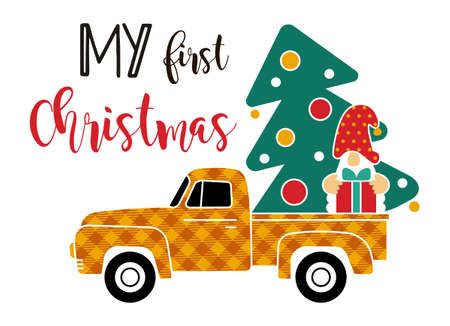 Pickup truck carrying Chrismas tree and gnome with presents, vector illustrationのイラスト素材
