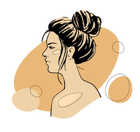 Beautiful young woman face profile with messy bun hairstyle vector drawing sketch.のイラスト素材