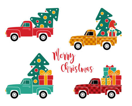 Pickup truck carrying Chrismas tree and gnome with presents, Merry Christmas vector illustrationのイラスト素材