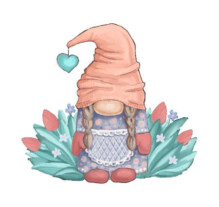 Cute cartoon valentine gnome girl on the background of tulipsのイラスト素材