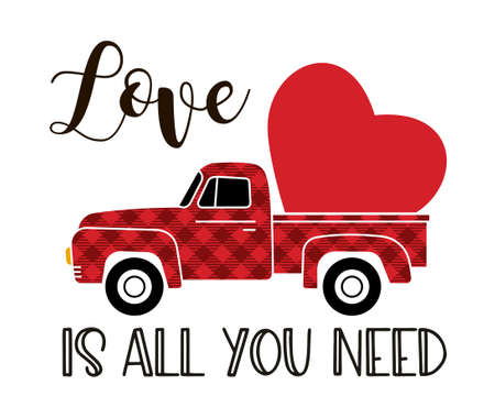 Vector illustration of a vintage truck carrying valentine heart. Greeting Card Templateのイラスト素材