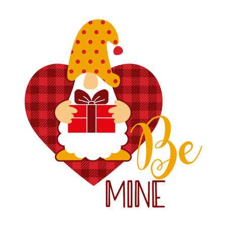 Be Mine. Postcard template with a gnome holdting gift boxのイラスト素材