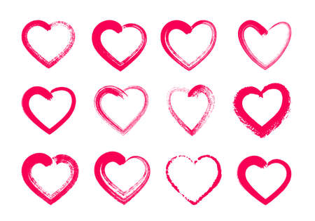 Set of hand drawn hearts outline. Collection of various brush, chalk, marker drawn line heart shapesのイラスト素材