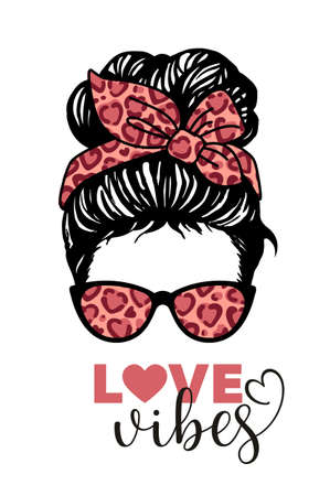 Messy bun, Girl with messy bun and glasses, Leopard bandana, Love vibesのイラスト素材