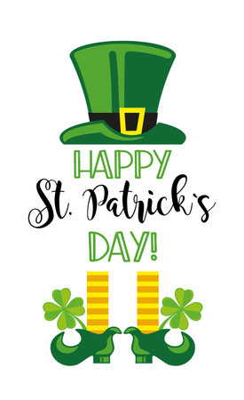 Happy St. Patricks Day. Trendy design with typography, green hat, leprechaun legs and clover. Hand-drawn template.のイラスト素材