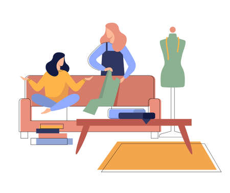 A girl discusses tailoring with a dressmaker. Illustration of a sewing studioのイラスト素材