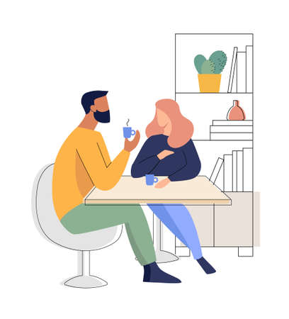 A man and a woman drink coffee at a tableのイラスト素材
