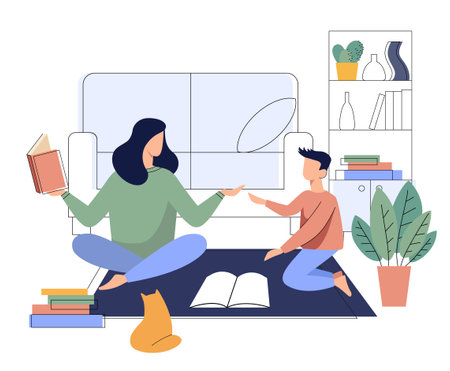 Home schooling. Mom or tutor study books together with the boyのイラスト素材