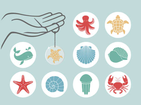Marine life flat vector illustration. Design templates for round keychainのイラスト素材