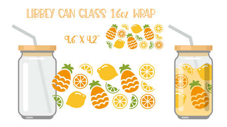 Printable Full wrap for libby class can. A pattern of fruits. Lemons, oranges, limes and pineapplesのイラスト素材