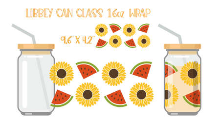 Printable Full wrap for libby class can. Sumeer pattern with Sunflower and watermelonのイラスト素材