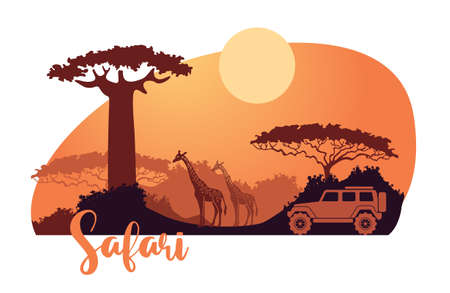 African safari silhouetes with an SUV and giraffe at sunsetのイラスト素材