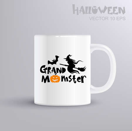 Grandmomster - fun lettering for halloween with witch, bat and pumpkin. Illustration with coffee mug mockupのイラスト素材