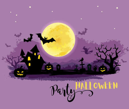 Halloween Party poster with a moon, haunted house, cemetery, pumpkins and a flying witchのイラスト素材