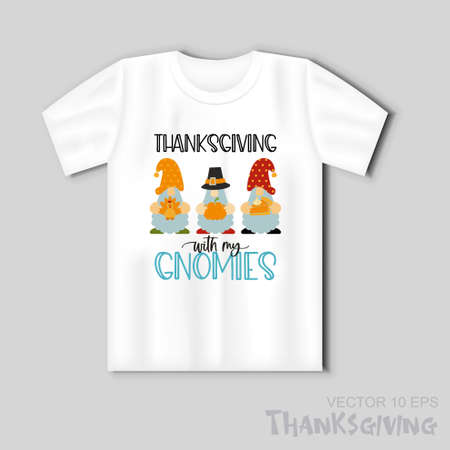 Thanksgiving Gnomes with turkey, pumpkin, pie and Inscription. Vector illustrationのイラスト素材
