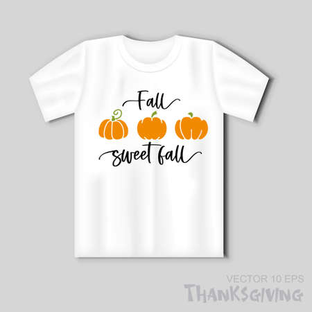 Stylized pumpkins and an inscription Fall sweet fall. Vector illustration with t-shirt mockupのイラスト素材