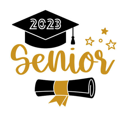 Senior 2023. Trendy calligraphy inscription with scroll and capのイラスト素材