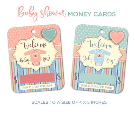 Welcome baby girl, Welcome baby boy - Baby shower greeting cards. Baby gift card, money card template.のイラスト素材