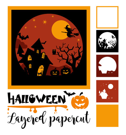Halloween layered papercut card with a moon, haunted house, pumpkins and a flying witchのイラスト素材