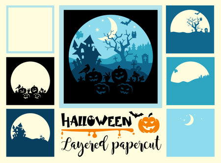 Halloween layered papercut card with a moon, haunted house, cemetery and pumpkinsのイラスト素材