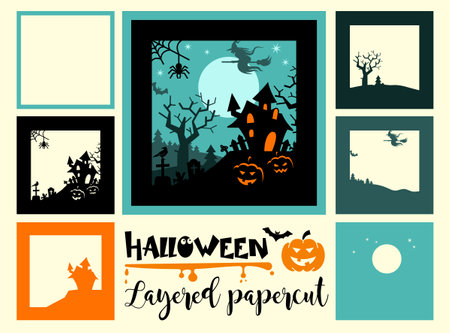 Halloween layered papercut card with a moon, haunted house, cemetery, pumpkins and a flying witchのイラスト素材