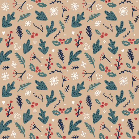 Christmas pattern with traditional plants and snowflakesのイラスト素材