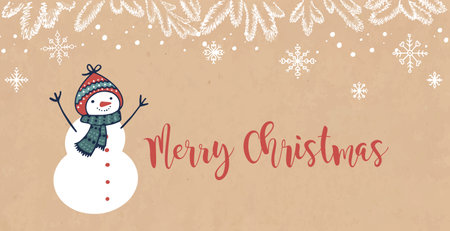Vintage Christmas postcard with a snowman and the inscription MERRY CHRISTMASのイラスト素材