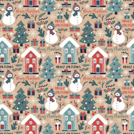 Christmas seamless background with Christmas tree, snowmen, winter houses and lettering MERRY CHRISTMASのイラスト素材