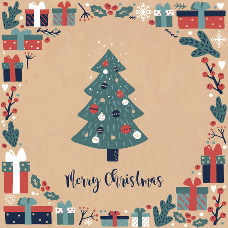 Square Vintage Christmas postcard with a Christmas tree, gift boxes and the inscription MERRY CHRISTMASのイラスト素材