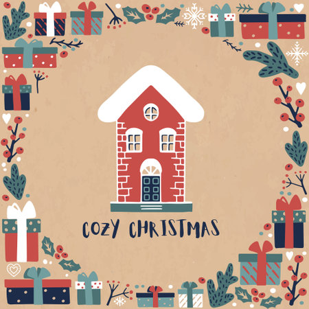 Square Vintage Christmas postcard with a winter house and gifts and the inscription MERRY CHRISTMASのイラスト素材