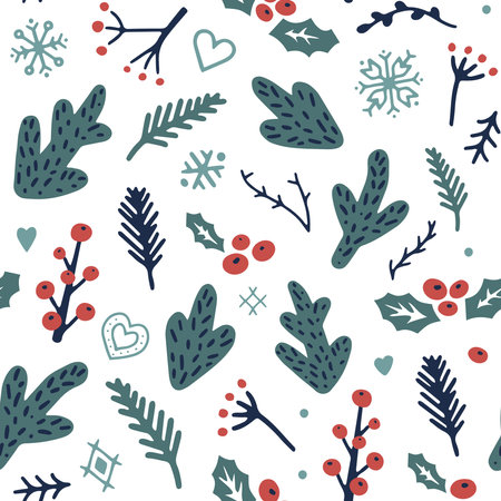 Christmas pattern with traditional plants and snowflakesのイラスト素材