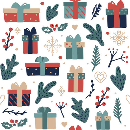 Christmas gift boxes seamless pattern. Hand drawn backgroundのイラスト素材