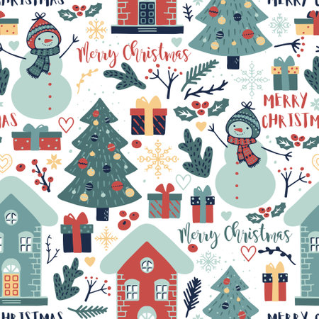 Christmas seamless background with Christmas tree, snowmen, winter houses and lettering MERRY CHRISTMASのイラスト素材