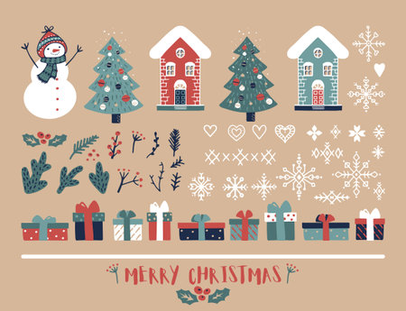 Christmas clipart with Christmas tree, snowmen, winter houses, branches, berries and snowflakes.のイラスト素材