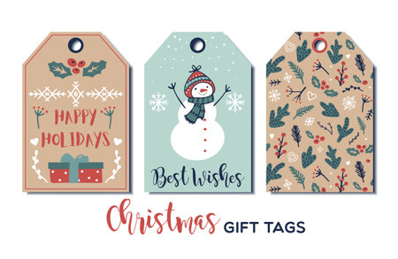 Set of cute Christmas gift tags in hand drawn doodle style. Vector greeting card designsのイラスト素材