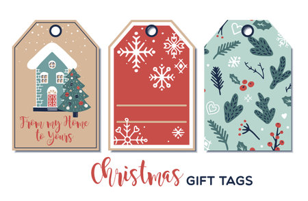 Set of cute Christmas gift tags in hand drawn doodle style. Vector greeting card designsのイラスト素材