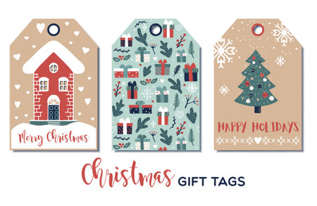 Set of cute Christmas gift tags in hand drawn doodle style. Vector greeting card designsのイラスト素材