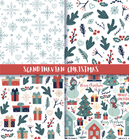 Christmas seamless backgrounds with Christmas tree, snowmen, winter houses and lettering MERRY CHRISTMASのイラスト素材