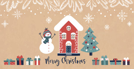 Vintage Christmas postcard with a winter house, snowman, christmas tree and gifts and the inscription MERRY CHRISTMASのイラスト素材