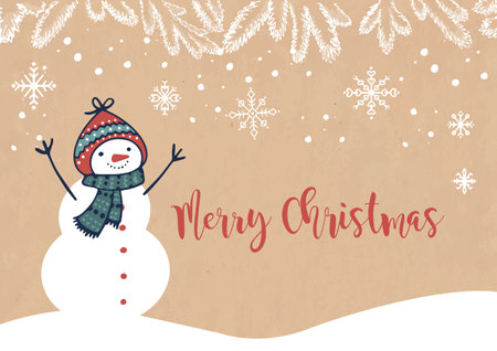 Vintage Christmas postcard with a snowman and the inscription MERRY CHRISTMASのイラスト素材