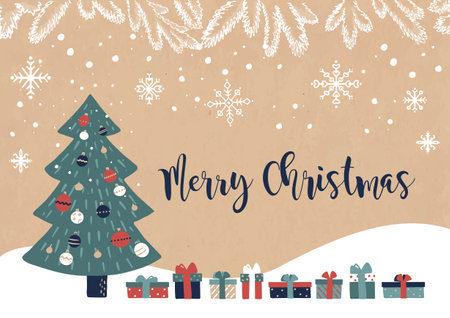 Vintage Christmas postcard with a Christmas tree, gift boxes and the inscription MERRY CHRISTMASのイラスト素材